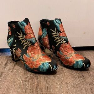 J.Renee Black Ankle Boots with Orange Floral Embroidery and Teal Accents